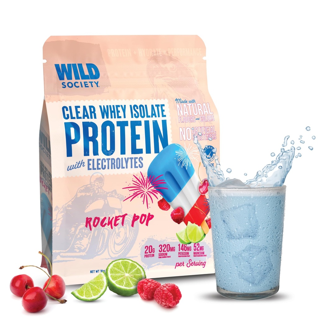 WILD Society - Clear Swhey Protein + Electrolytes - Osviežujúci srsť Protein Isolát prášok - 20g Proteín, 0 Pridané cukor, bez GMO, Prírodné príchute a farby - Rocket Pop, 16 oz