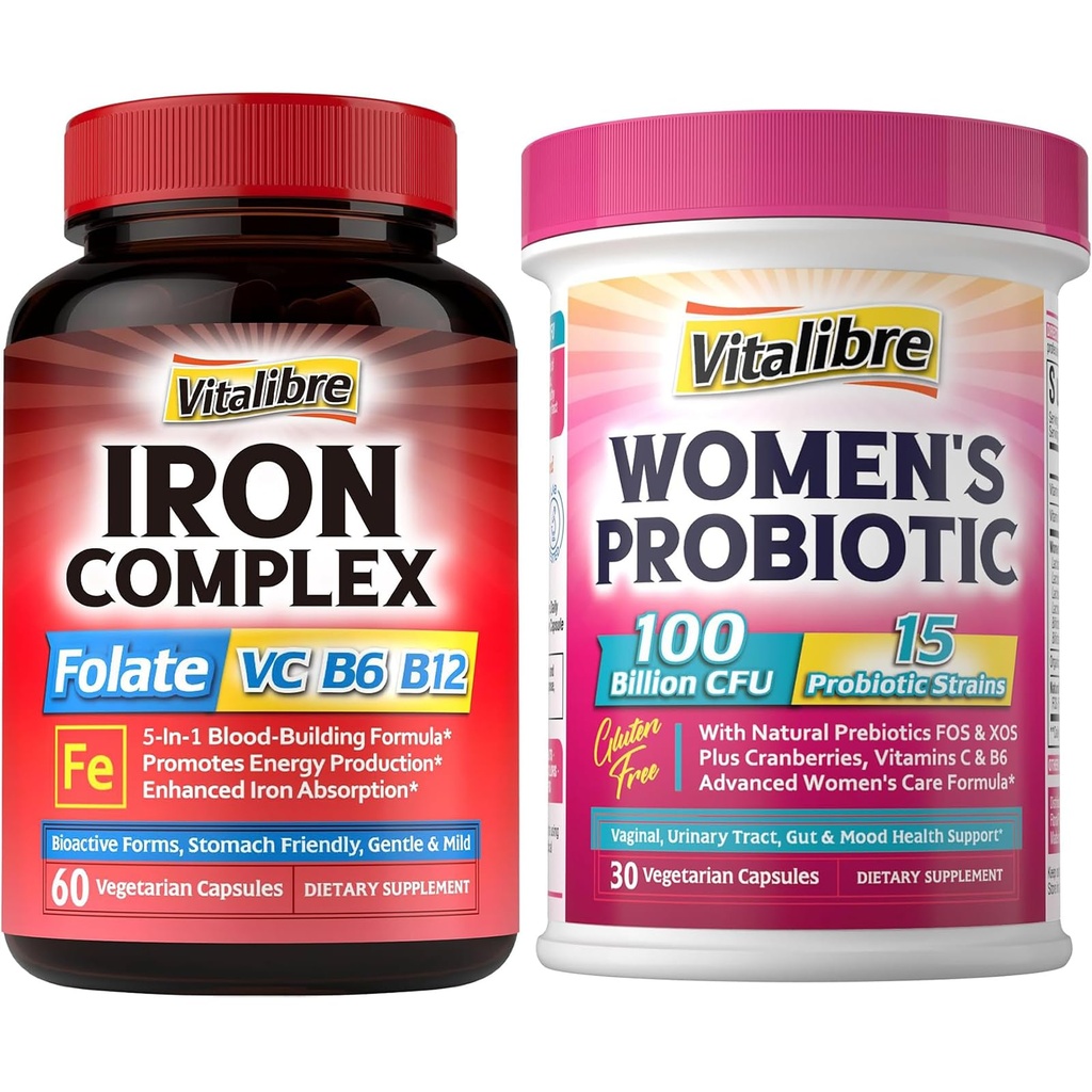 Doplnky železa pre ženy a mužov s vitamínmi C, B6, B12 a folát+Vitabre Probiotiká pre ženy 100 miliárd CFU, 15 kmeňov, w/Prebiotiká, brusnice, vitamín B6 a VC,