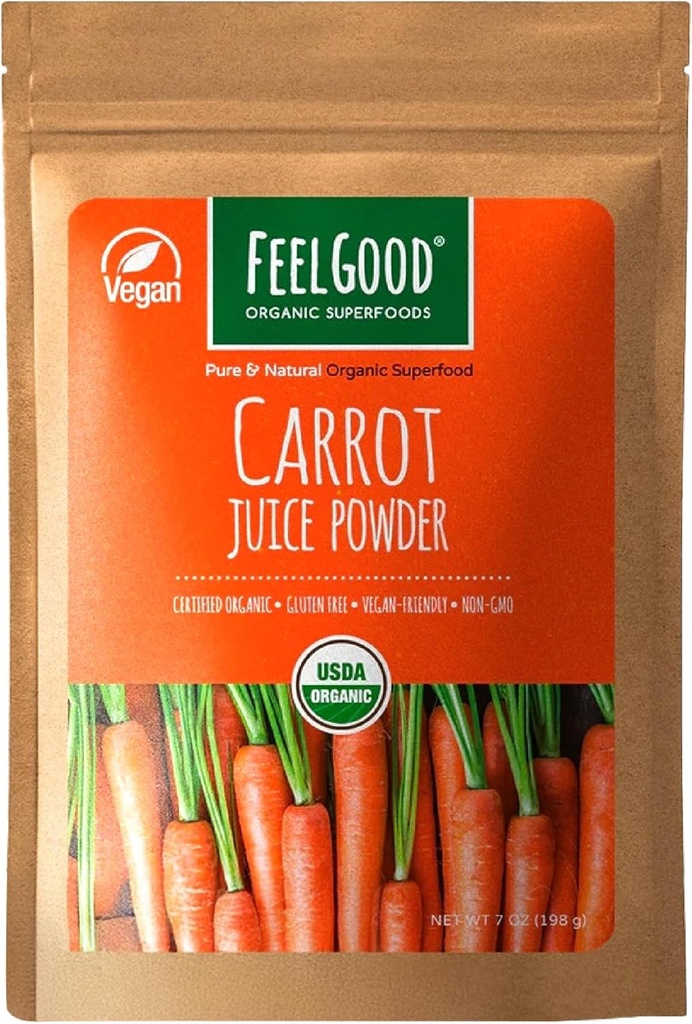 Feelgood Superfoods Mrkvová šťava prášok - Zdravie doplnok pre trávenie, koža, oči a imunitné - obsahuje Beta karotén a vitamín A - 7 oz