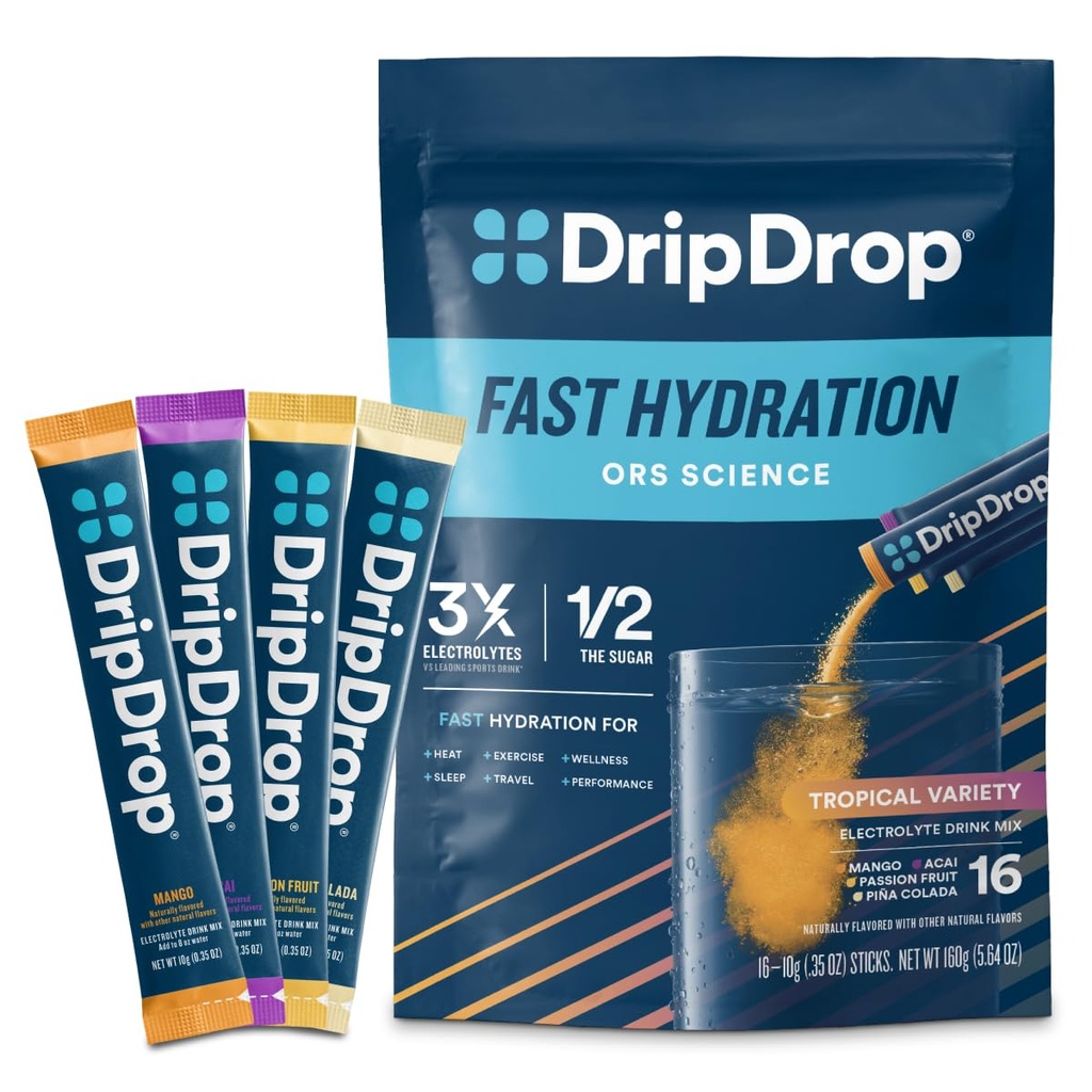 Hydratačné pakety DripDrop - Balenie pre tropické odrody - Powder Drink Mix - Mango, Açaí, Passion Fruit, Piña Colada - Non-GMO, bez lepidla, Vegan - 16 Sticks