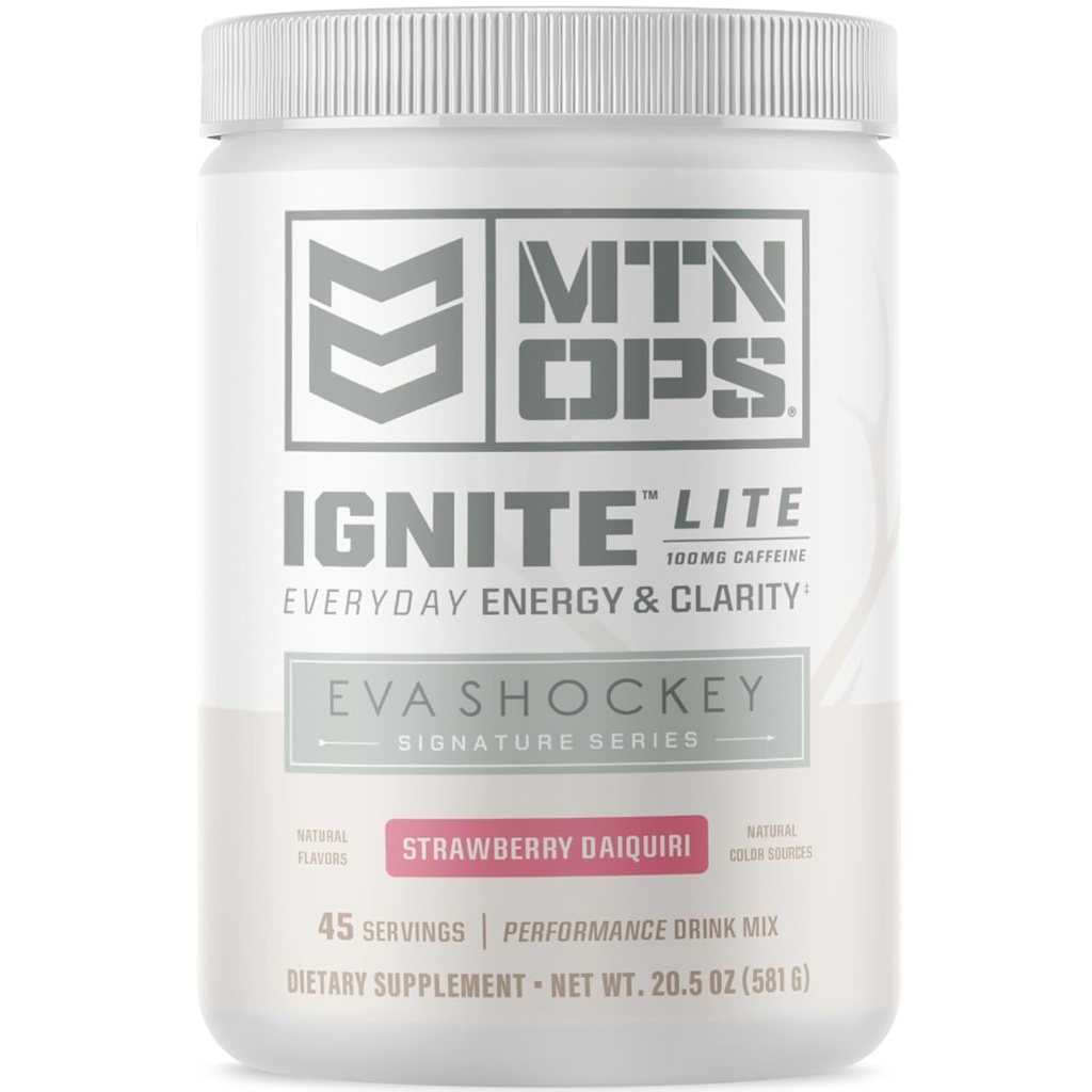 MTN OPS Ignite Lite Energy Drink prášok lepok bez obsahu oxidu dusnatého doplnok nápoj Mix, L arginín, L citrulín, kofeín a nootropný bezcukrový nápoj Mix, 45 servings, jahodový Daiquiri chuť Eva Shockey