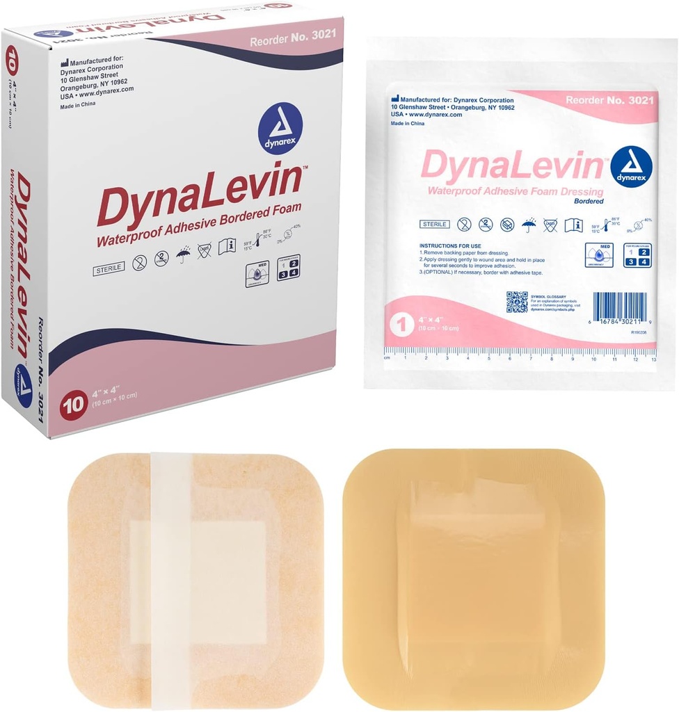Dynarex Dynalevin Nepremokavá adhezíva Ohraničená pena, 10 gróf/4 x 4 palec
