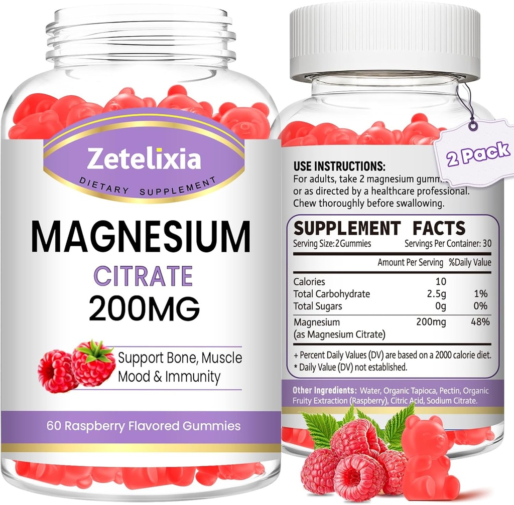 2 Balenie Magnézium Citrát Gumies, Vysoká absorpcia Magnézové Gumies pre dospelých, Podpora svalov a zubov, Vegánska prírodná malinová príchuť 120 Cts