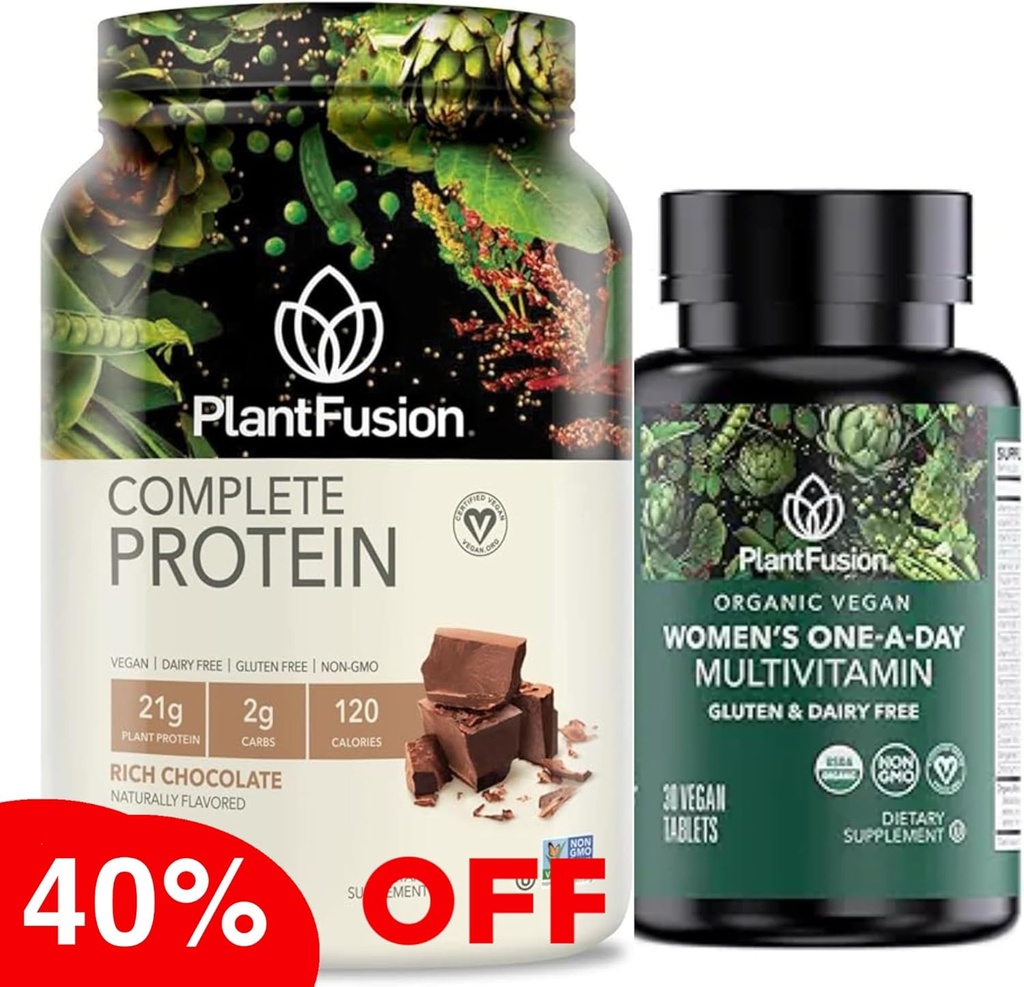 PlantFusion Protein Powder & Organic Ženy Multivitamín Bundle 21g Plant-Based Protein with BCAAs, Clean Ingredients, & Delicious Flavor Plus 19 Essential Vitamines for Energy, Immuntion & Heart Hea