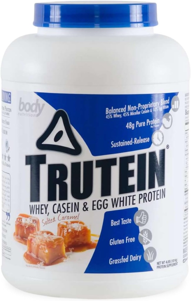 Telová výživa Trutein prášok s vysokým obsahom bielkovín: 45% srsť, 45% Casein, 10% Vaječná bielka, bez lepidla, nízky obsah sodíka, tráva Fed Srvátka Proteín prášok, Gym Supplement & Breakfast Shake, Solený karamel, 4lb