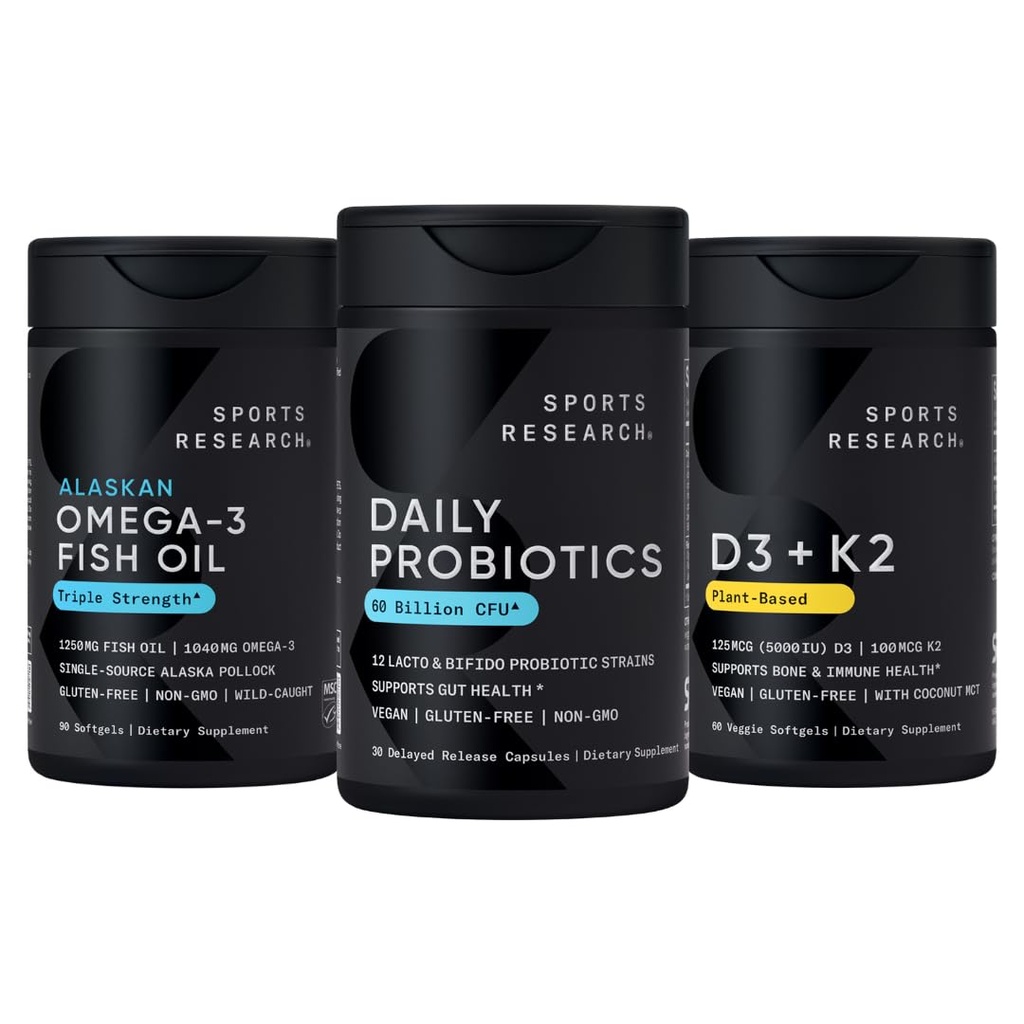 Športový výskum Wild Aljašský Pollock Omega 3 Rybí olej 90 Softgels (1250 mg) + Vegan Probiotiká s prebiotikami, 60 miliárd CFU (30 softgels) + 5000 IU vitamín D + 100mcg Mk7 Vitamín K (60 softgels)
