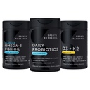 Športový výskum Wild Aljašský Pollock Omega 3 Rybí olej 90 Softgels (1250 mg) + Vegan Probiotiká s prebiotikami, 60 miliárd CFU (30 softgels) + 5000 IU vitamín D + 100mcg Mk7 Vitamín K (60 softgels)