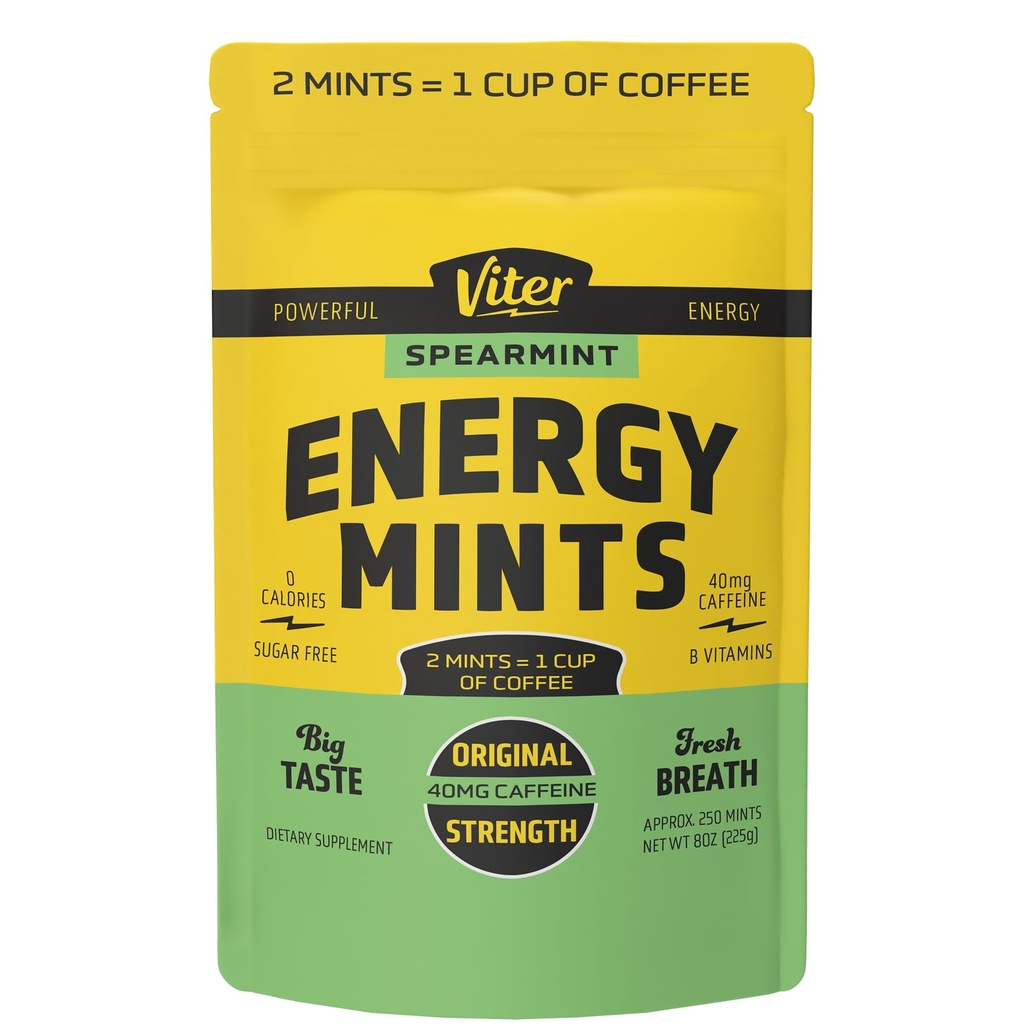 Viter Energy 40mg Kofeínové mäty - bez cukru, B vitamíny, Vegan, Boosts Fast Energized Alert Focus, Kofeínové Nootropic Supplement Pills (Spearmint Flavor, 8oz, hromadný vak)