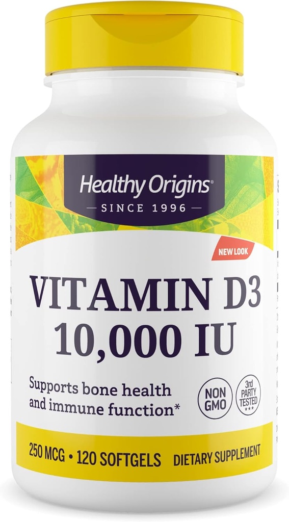 Zdravý pôvod Vitamín D3 10 000 IU (Non- GMO, vysoká potencia, podpora kostí, imunitná podpora, bezlepok), 120 softgelov