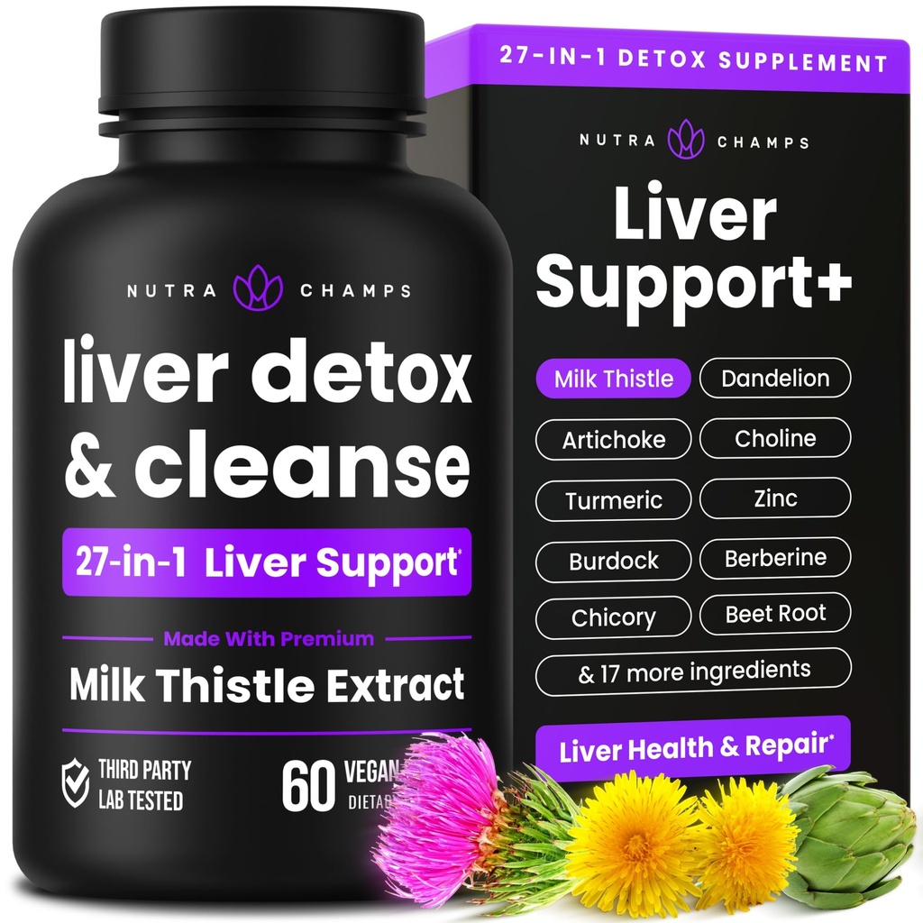 NutraChamps Pečeň Clease Detox & Repair Formula, 20+ Byliny: Milk Thitle Extract with Silymarin, Artičok, Púpava, Púder korene čakanky, Tablety na podporu pečene, 60 Kapsule