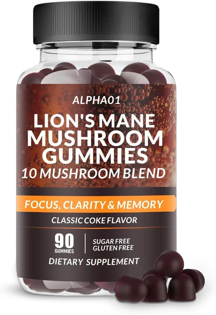 Huby Gummy - 10x Huby doplnok s Ashwagandha a Lev Mane - Nootropic Brain Supplement, Immune Support & Stres Relief (90 CT) Classic Coke