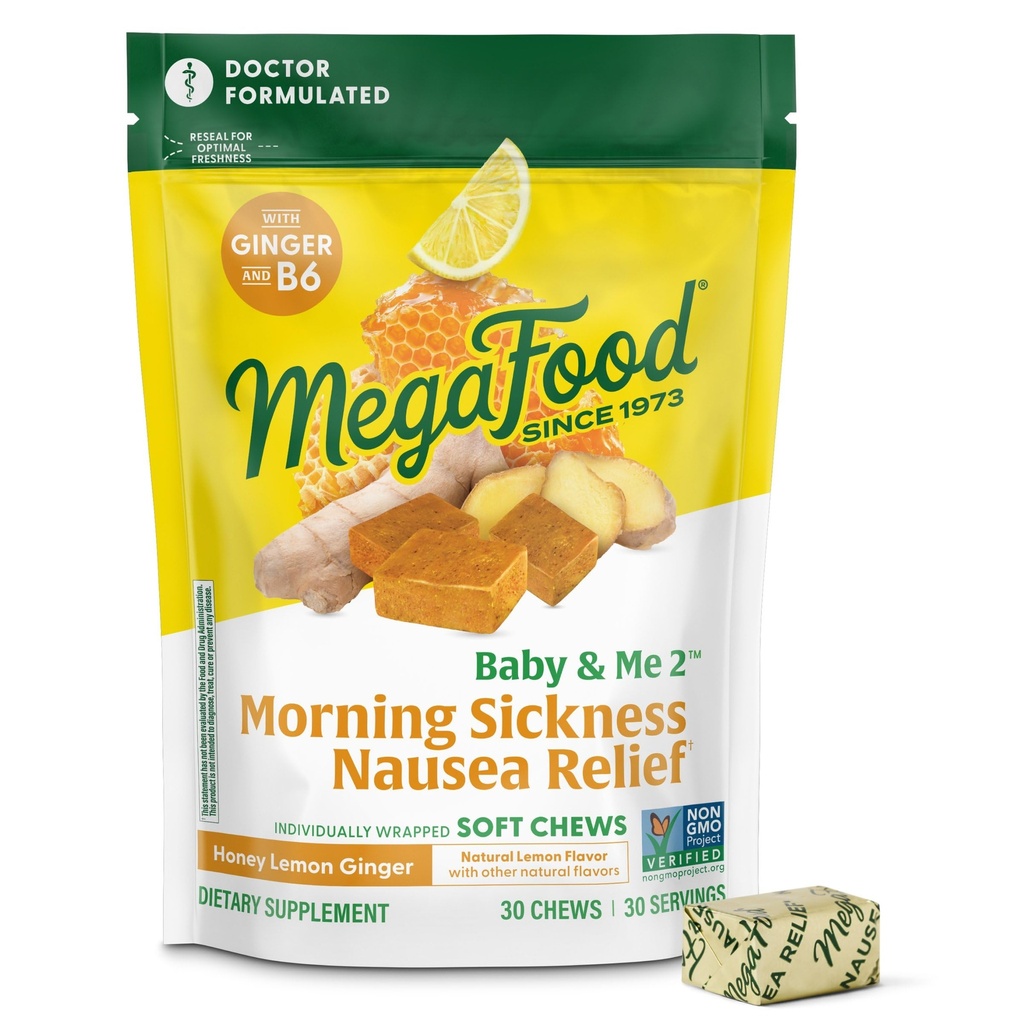 MegaFood Baby & Me Prenatal Morning Disease Relief, Ginger Chews, s vitamínom B6, vyrobené bez 9 Potravinové alergie, med citrónová zázvorová chuť, 30 Žuvačky
