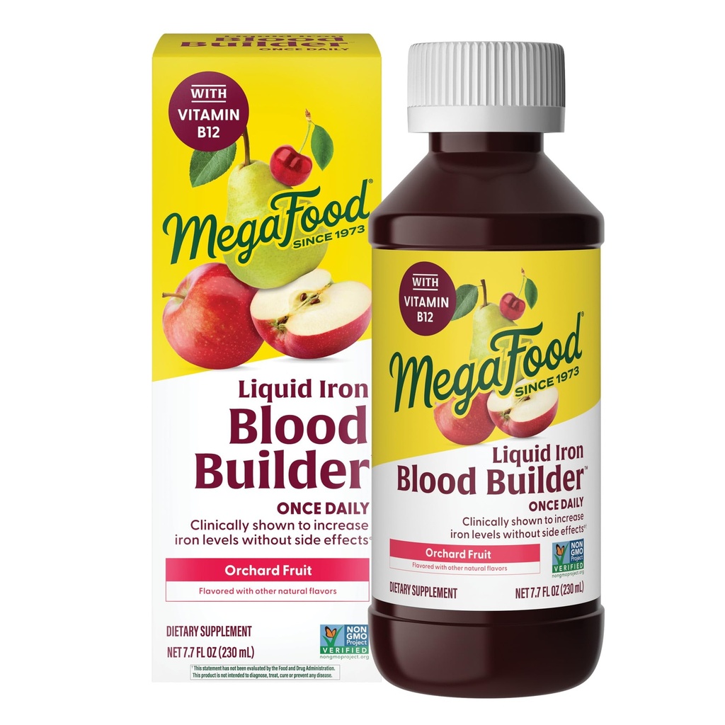 Megafood Blood Builder Liquid Iron Supplement for Women, Men & Kids, klinicky preukázané, že zvýšenie hladiny železa bez zápcha, Vegan, 7.7 Fl Oz (23 Servings)