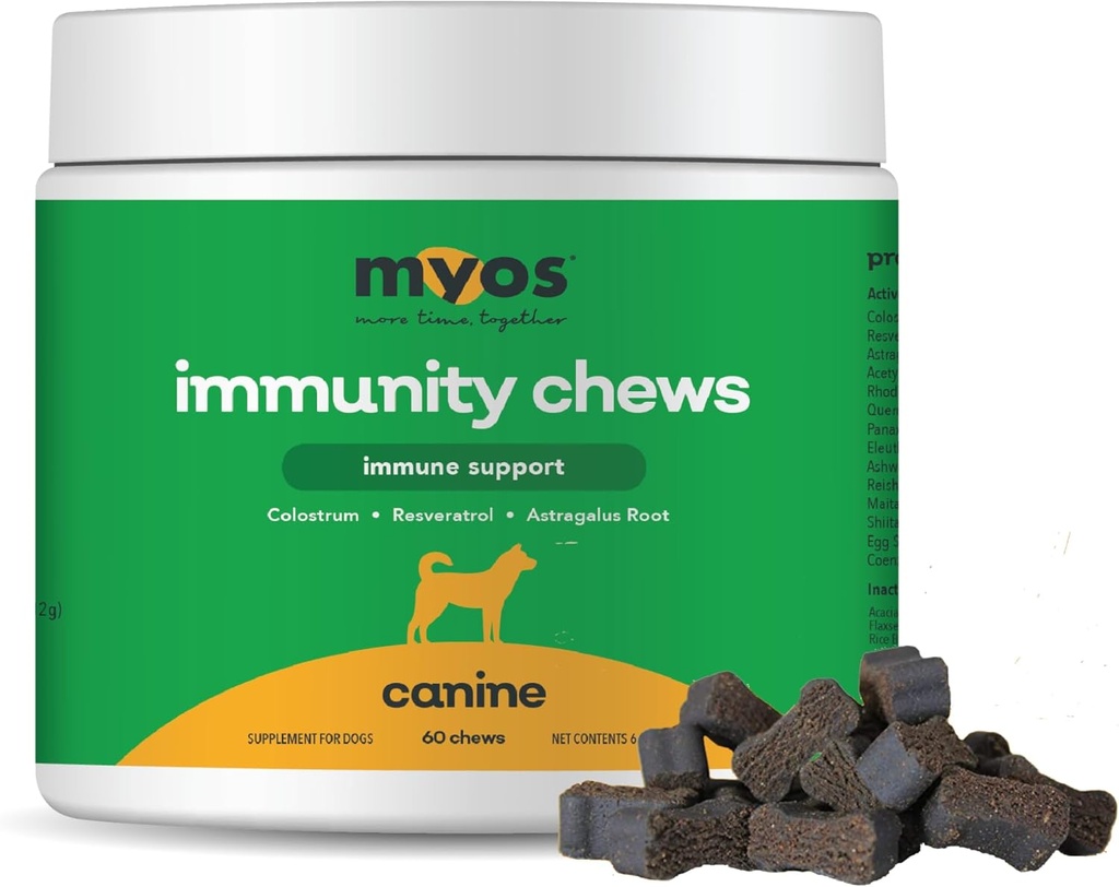 MYOS Imunity Chew for Dogs - Immune System Support, Antioxidanty, Pomáha Cellular Health & Vitality- s Colostrum, Resveratrol, Astragalus Root, a Huby- Denné žuvacie doplnok
