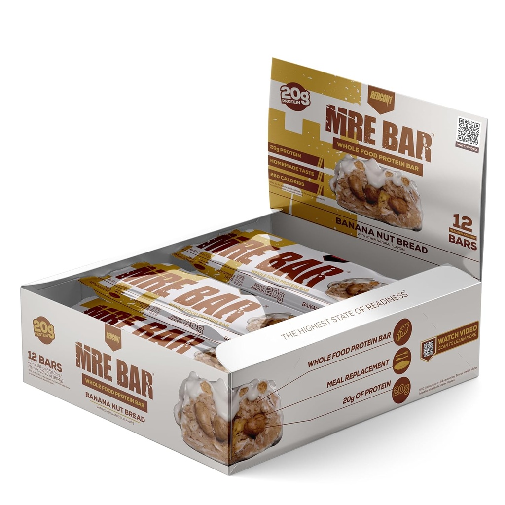 REDCON1 MRE Protein Bar, Banana Nut Chlieb - obsahuje MCT olej + 20 g celý potravinársky proteín - Ľahko odstrániteľný, Makro Balanced Nízkocukrový náhradník (12 Bary)