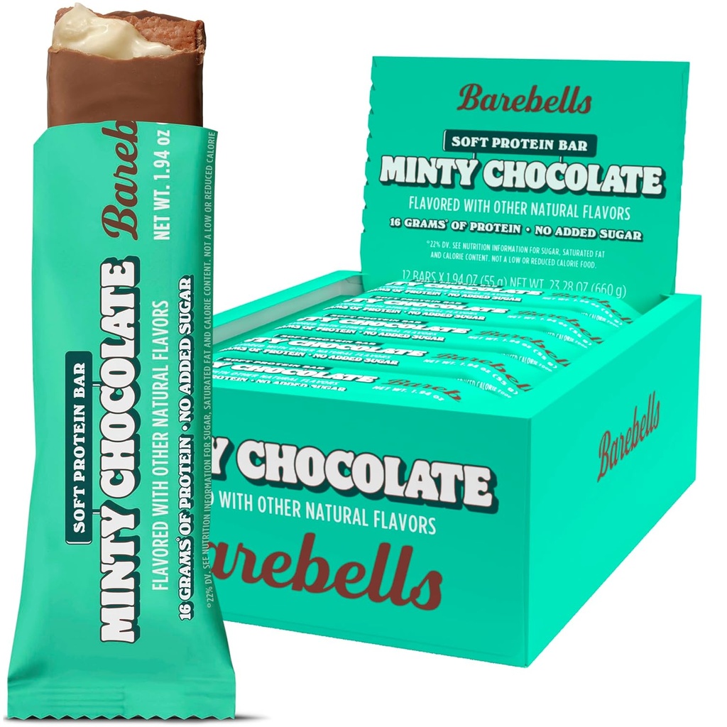 Barebells mäkké proteínové tyčinky, Minty čokoláda - 12 g High Protein Treats - Chocolate Nutrition Bar with 1g Total Sugars - On the Go Breakfast or Post-Workout Snack