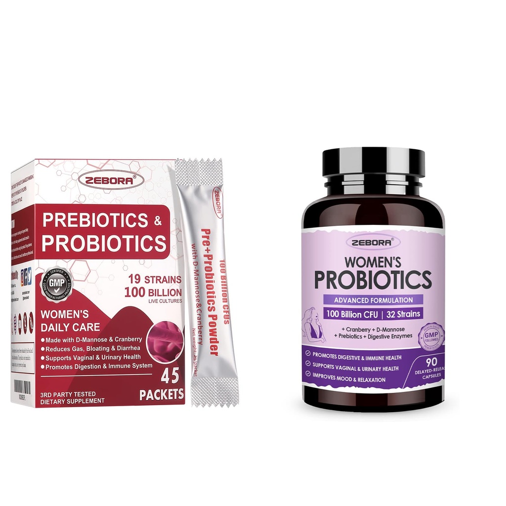 ZEBORA Probiotiká pre ženy 100-biliónové CFU s prebiotikami, D-manóza a brusnica pre trávivé, imunitné, Feminine UT Health Support, Ultimate Probiotic Women's Care, Soy & Gluten Free, 45 paketov