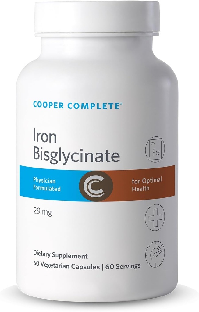 Cooper Kompletné železo Bisglycinát. 29 mg v tablete. 60 Kapsule v jednej fľaši. Balenie po 1