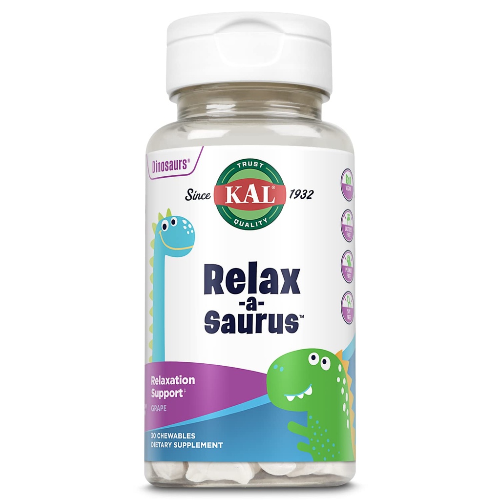 KAL Relax-a-Saurus, Stres Suplement for Kids, L-Theanine for Children with Herbal Stress Relief & Relaxation & Blend, Delicious Natural Grape Plavor, 60-Day Guarantee, 30 Chewables