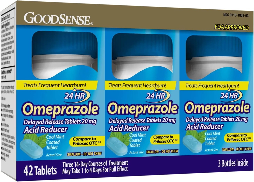 GoodSense Omeprazol Oneskorené uvoľnenie obalené tablety 20 mg, chladná mincovňa, liečba časté pálenie záhy, zníženie kyseliny, pálenie záhy, 42 počet