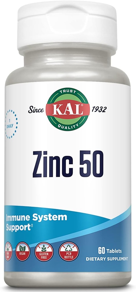 KAL Zinok 50 mg Hydroxy Acid Complex, Zdravý metabolizmus a Immune Suplement with Zinc Orotate, Zinok Citrate, Enhanced Absorbation w/ActiSorb, Vegan, Gluten Free, Non-GMO, 60 Serv, 60 tabliet