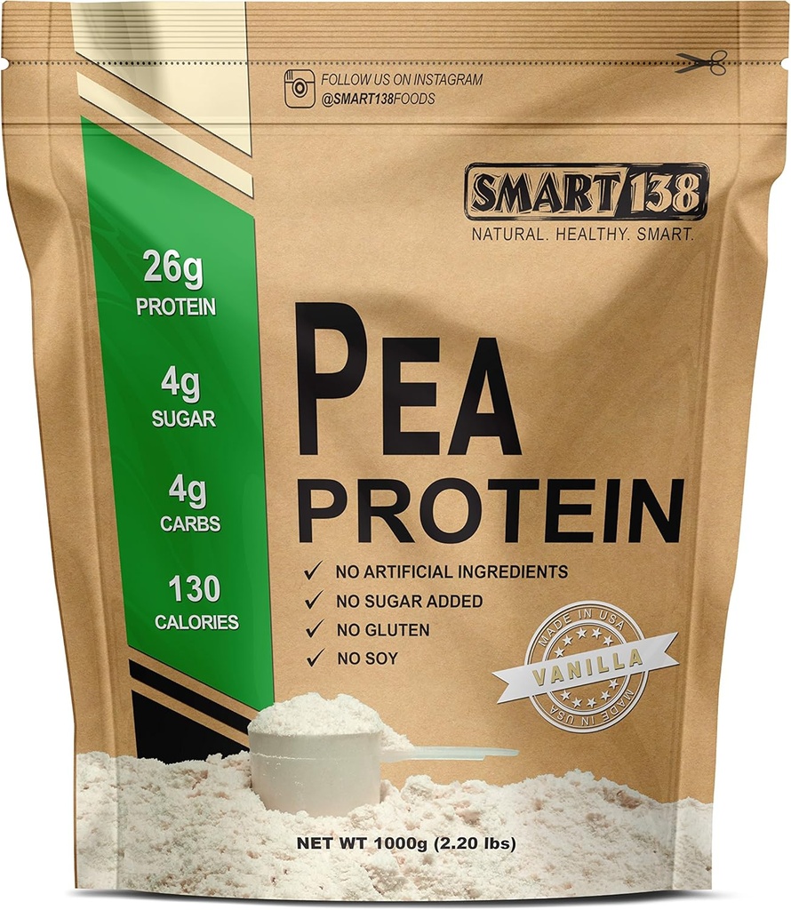 Smart138 Vanilla Pea Protein, Ultra-Fine Powder, Vegan, Gluten-Free, Soy-Free, Dairy-Free, Non-GMO, USA/Kanada, Keto (Low Carb), Natural BCAA (1000g / 2,2lbs, Vanilla)