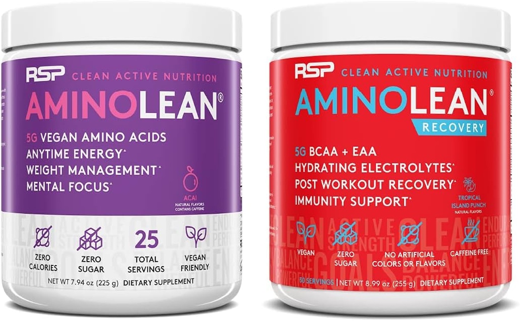 RSP NUTRITION Vegan AminoLean pre cvičenie energie (Acai 25 Servings) s AminoLean zotavenie post tréning Boost (Tropical Island Punch 30 Servings)