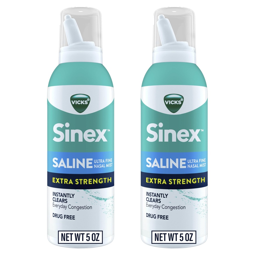 VICKS Sinex Saline Extra sila nosový sprej, 3X Concentrated* Drug Free Ultra Fine Mist, Instantly Clears Muscus, Ultra Concentrated to Clear Congestion Fast, Safe For Daily Use, 5 OZ x 2