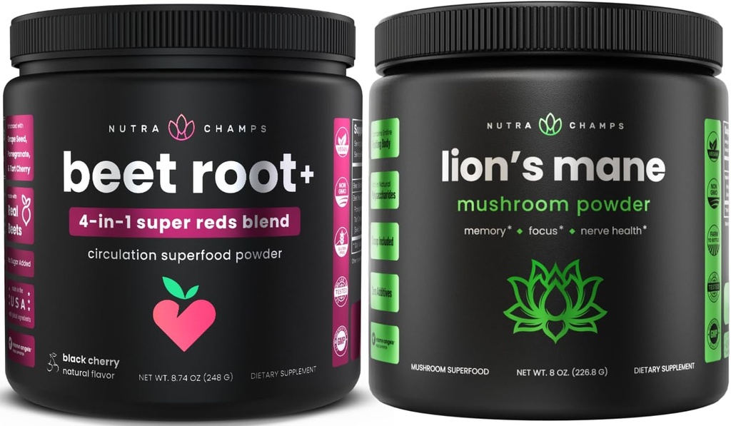 NutraChamps Beet Root Powder & Lion's Mane Powder. Powerful Circulation & Adaptogen Blends