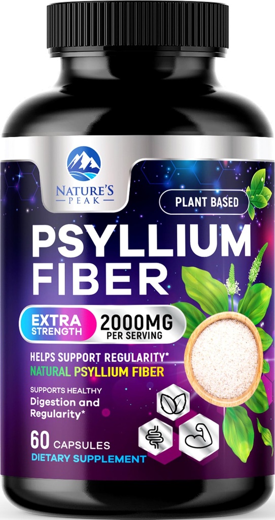 Psyllium Husk Fiber Supplement 1500mg - Vegan Prebiotic, Rozpustné Fiber pre Daily Tráviace zdravie a pravidelnosť Podpora, Prírodné Psyllium Powder Caps, bez cukru, Non-GMO & Gluten-Free - 60 Kapsule