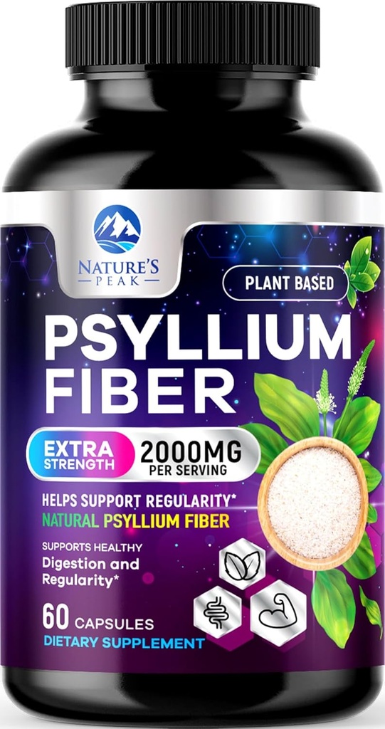 Psyllium Husk Fiber Supplement 1500mg - Vegan Prebiotic, Rozpustné Fiber pre Daily Tráviace zdravie a pravidelnosť Podpora, Prírodné Psyllium Powder Caps, bez cukru, Non-GMO & Gluten-Free - 60 Kapsule