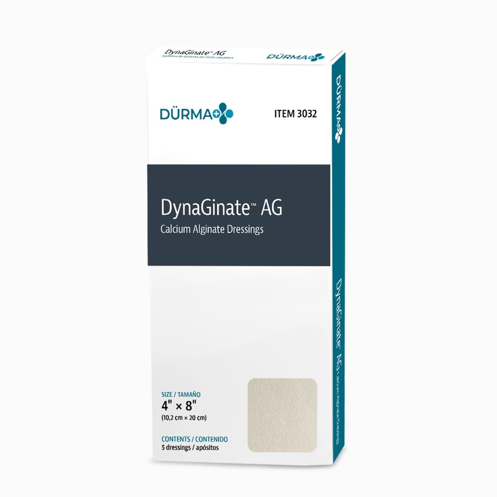 Dynarex DynaGinate AG Silver Calcium Alginate Dressings - 4"x8," Calcium Alginate Wound Dressing with Silver Ions, 1 Case of 50 DynaGinate AG Dressings - 4"x8" - 1 Box of 5