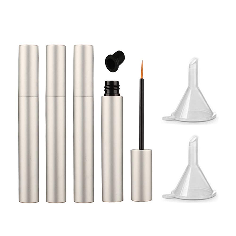 lasenersm 4 Pieces 5ml Hliník Prázdne očné linky Tuby Znovu naplniteľné očné riasy Rastová fľaša Plastové očné linky Injekčné liekovky Tuba s kefkou Rast rias Mascara Tuba s 2 Mini Funnels, Matte-Silver