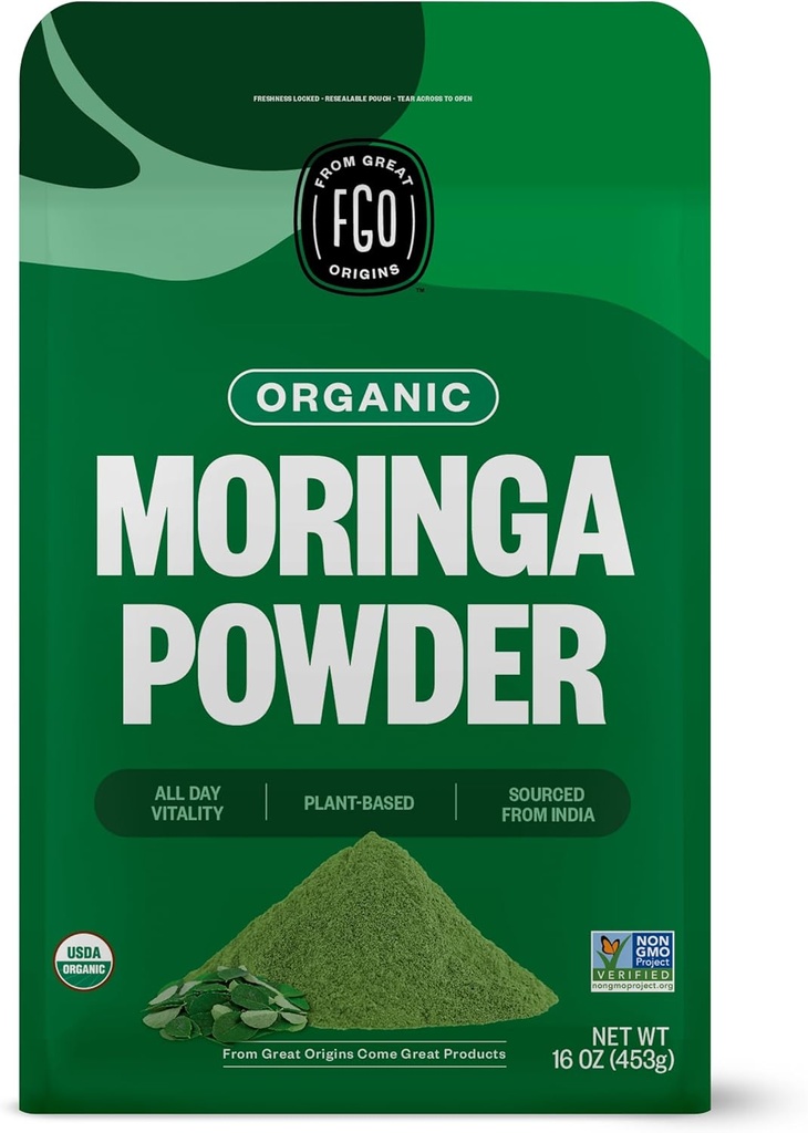 FGO Organic Moringa Oleifera Leaf Powder, 16oz Bulk Reselable Pouch, Zdroj: India, Non-GMO, Packaging May Vary (Pack of 1)