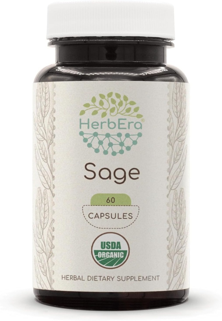 HerbEra Sage 60 Kapsule, 500 mg, USDA Organic Sage (Salvia officinalis) Sušené Leaf (60 kapsúl)