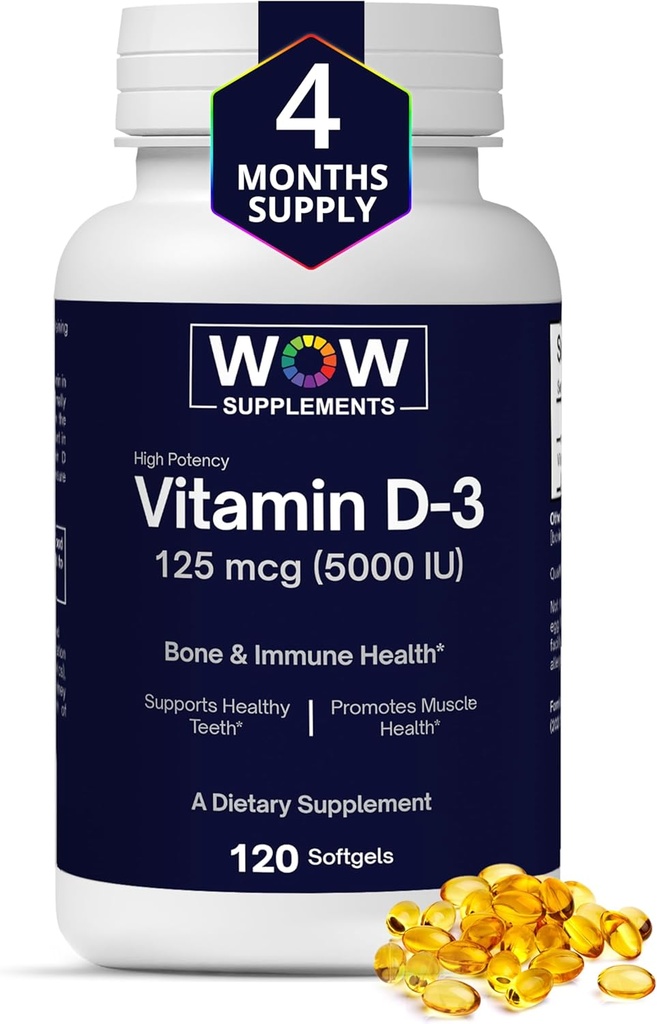 WOW Doplnky Vitamín D3 5000 IU Softgels, 125 μg - Vitamín D3 5000 IU Supplement for Strong Bones and Immune Support - Non-GMO, Gluten Free Vitamin D 5000 IU - VIT D3 5000 IU Softgels - 120 Počet
