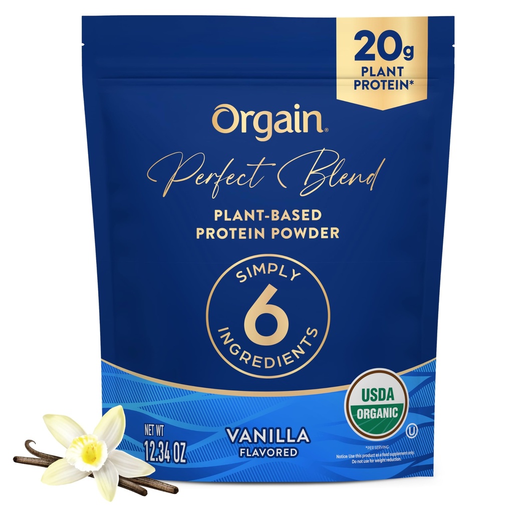 Orgain Organic Vegan Perfect Blend Protein Powder, 20g Clean Plant Protein, 6 Ingredients, <1g Cukor, Gluten Free, Non-GMO; Žiadne umelé príchute, Stevia Extract, Dairy alebo Soy Ingredients- Vanilla
