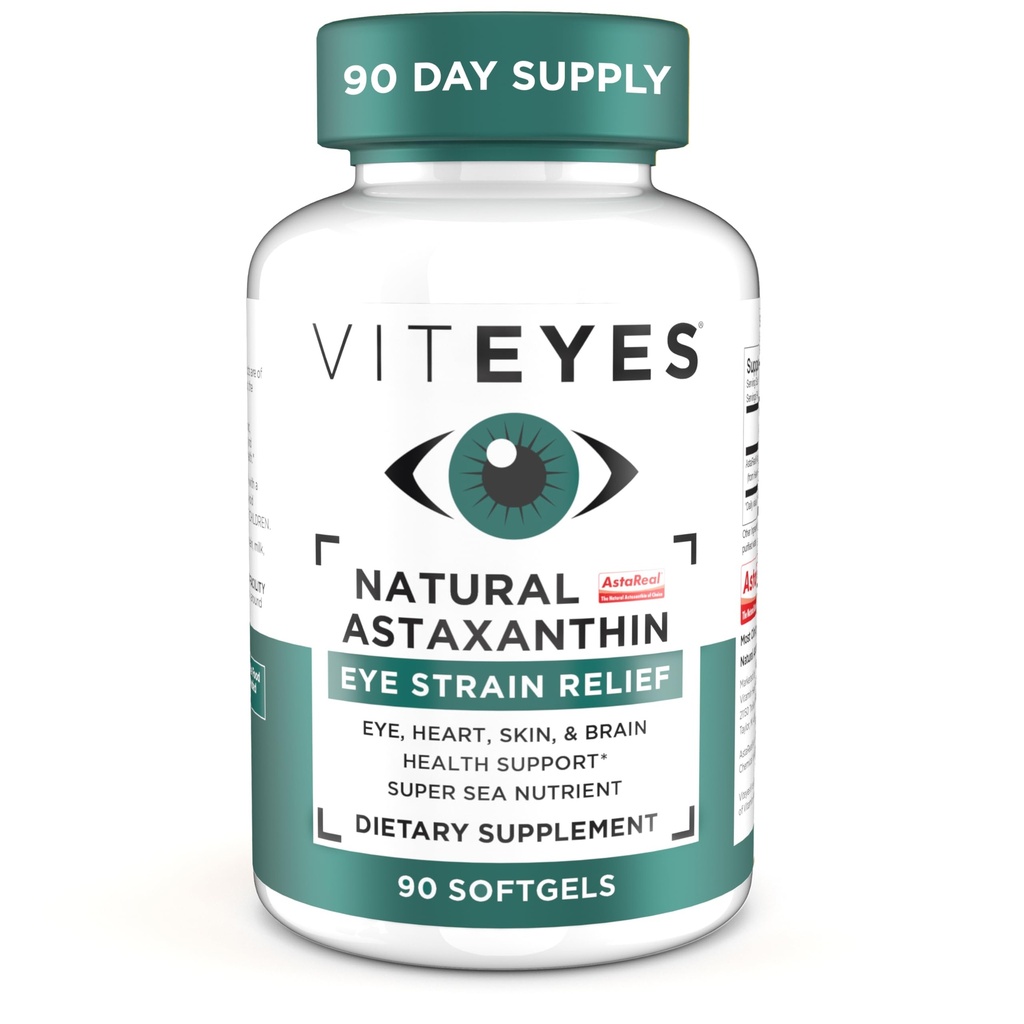 Viteyes Natural Astaxantin, Relive Tired Eyes & Eye Stain, Sourced from Algae, Skin Hydration, Heart & Brain Health, 4 to 8 mg Natural Astaxantin, 90 Softgels