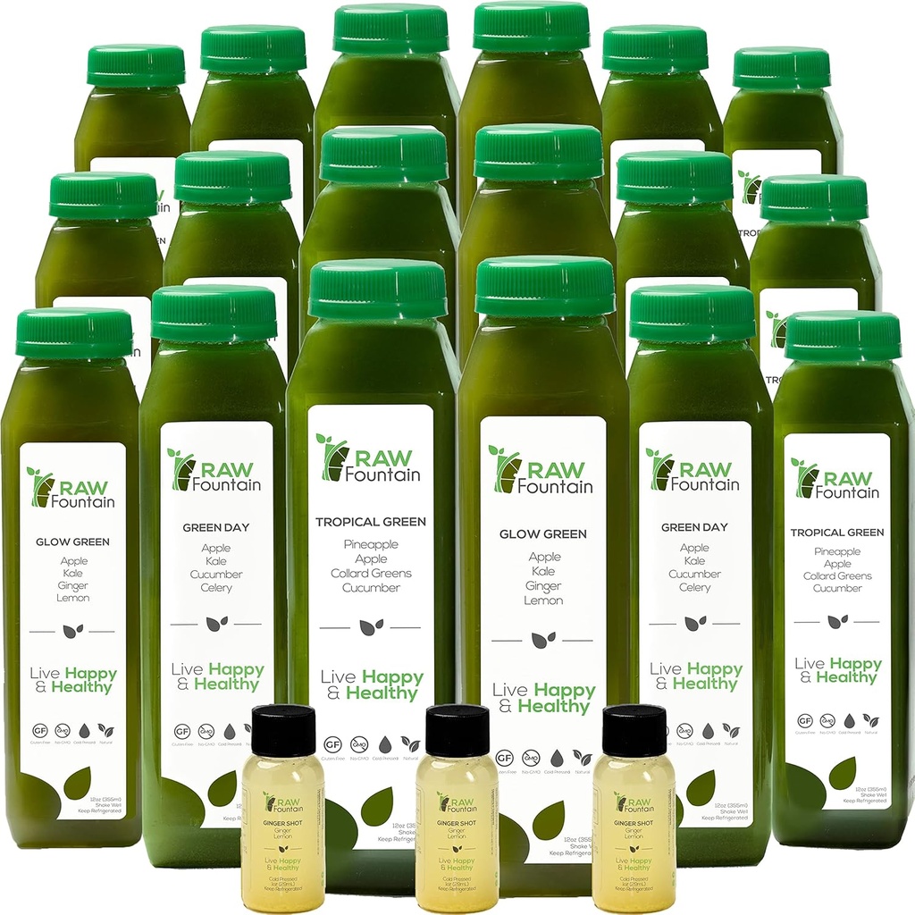 7 dní zelená šťava čistí Raw Fountain, All Natural Raw, Vegan Detox, Cold Pressed Juice, 42 fliaš 12oz, 3 Ginger Shots
