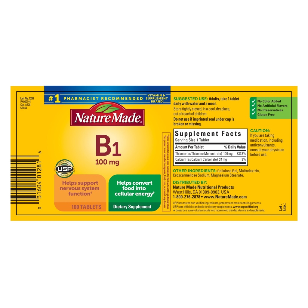 Prírodný vitamín B1 100 mg, diétny doplnok pre podporu energetického metabolizmu, 100 tabliet, 100 dní