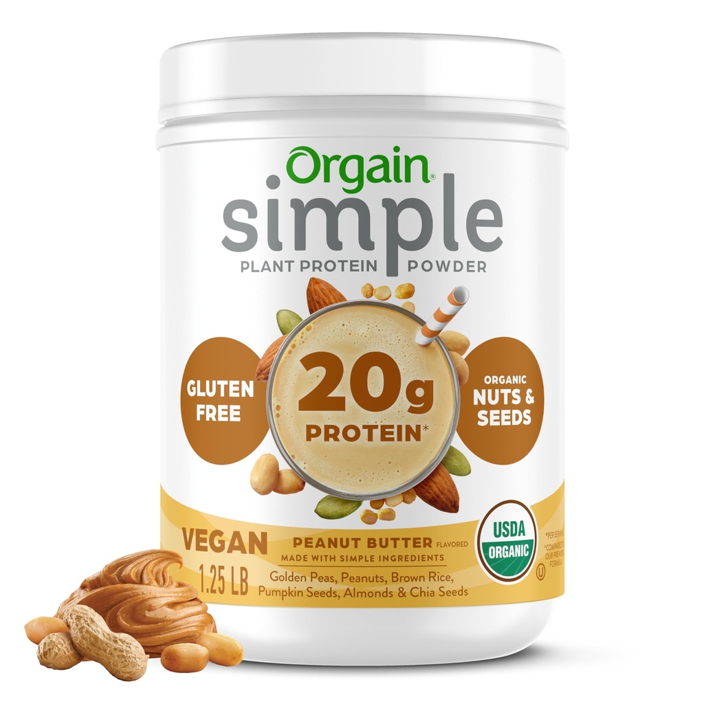 Orgain Organic Simple Vegan Protein Powder, Arašidové maslo - 20g Plant Based Protein, With less Ingredients, No Umelé Sweeners, Gluten Free, No Dairy alebo Laktóza, 1,25 lb (Packaging May Vary)