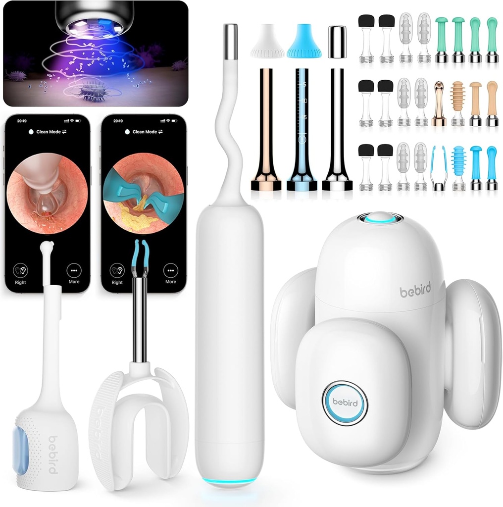 BEBIRD Domov 30S Ear Care System - Ear Canal Cleaner s flexibilným rozsahom FHD kamery, UVC LED svetlo, vizuálne Ear-Drops Dropper, Wax odstránenie pinzety nástroj na čistenie ucha, 3 Set čistiace súpravy pre dospelých / deti