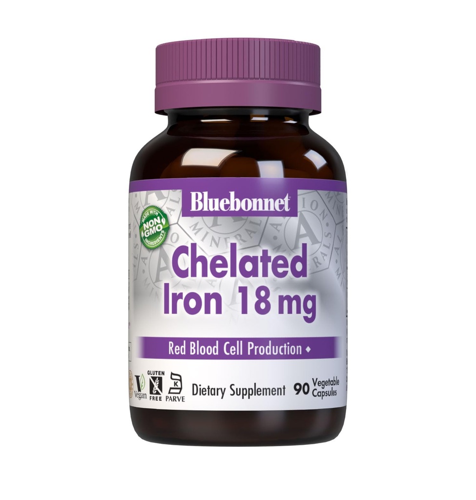 Bluebonnet Nutrition Pridružené železo 18 mg - nekonstipujúce železo - bez sóje, bez lepidla, bez GMO, Kosher Certified, bez mlieka, Vegan - 90 Rastlinné kapsuly, 90 Podávatelia
