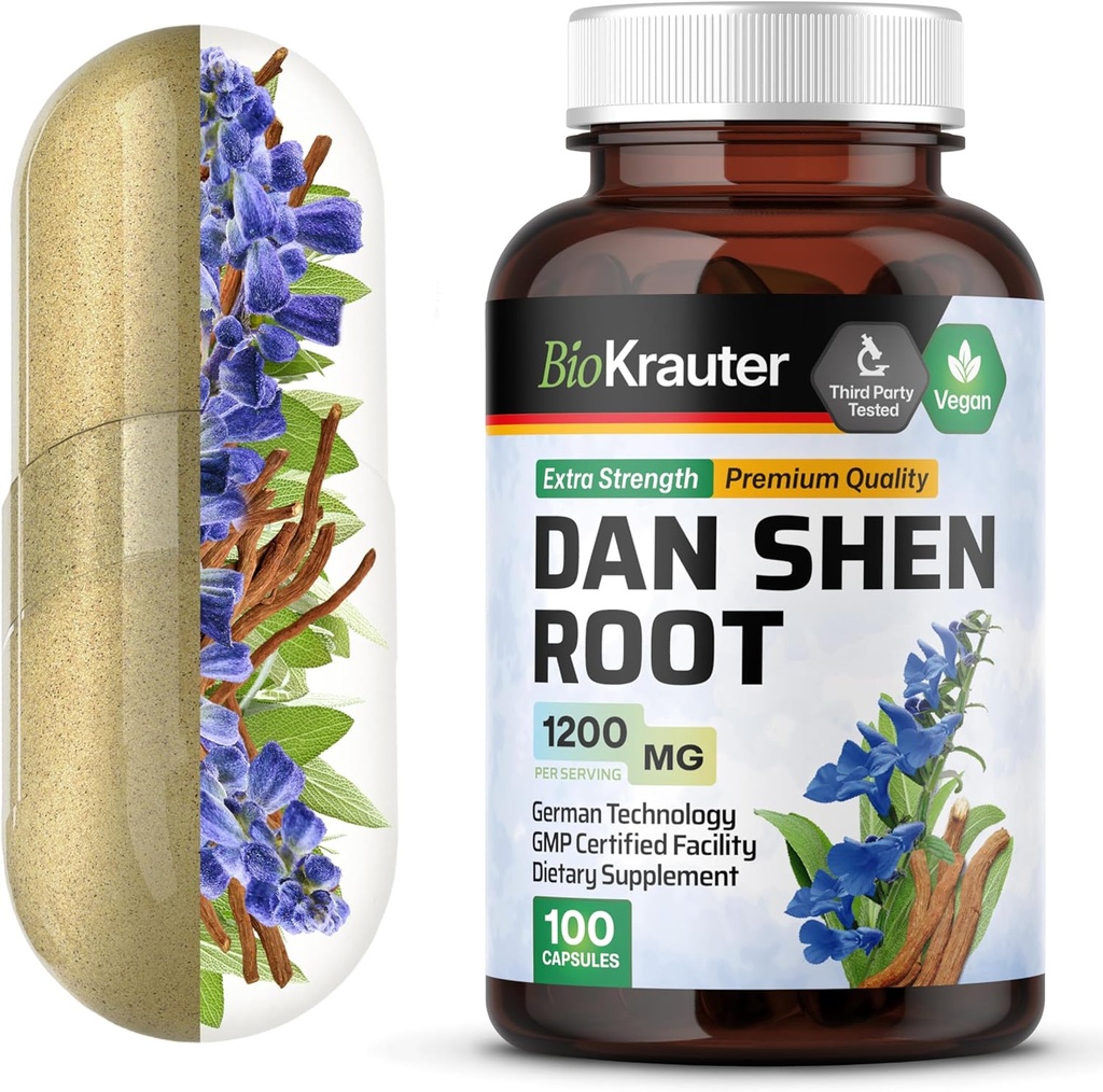 BIO KRAUTER Dan Shen Root Capsules - 1200 mg Sila - 100 červených sage Caps - Antioxidant Zdroj - Salvia Miltiorrhiza Root - Vegan