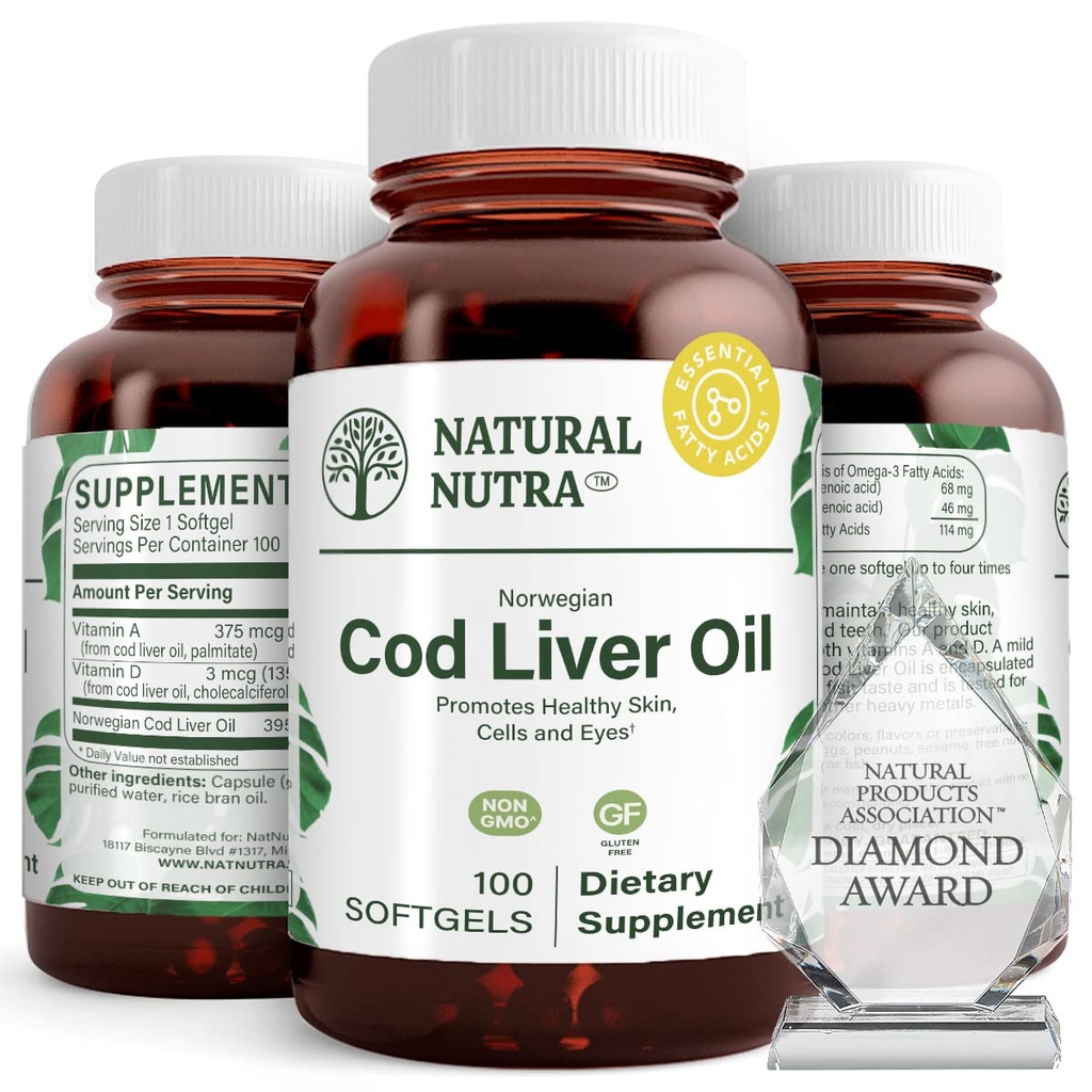 Natural Nutra Norwegian Cod Liver Oil Supplement, pomáha udržiavať pokožku, pomáha udržiavať telesnú hustotu, zdravie očí a nervy funkcie, podporuje zubné zdravie, podporuje kardiovaskulárne zdravie, 100 Softgels