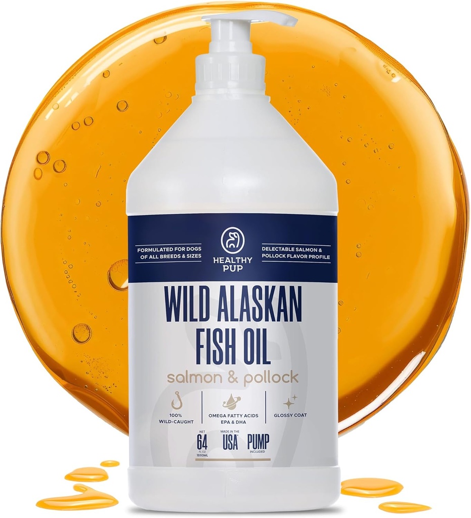 Wild Aljašský lososový olej pre psy s Pollock - 64 oz Pollock and Salmon Oil, Omega 3, EPA, a DHA - Psy Skin and Coat Supplement - Made in USA