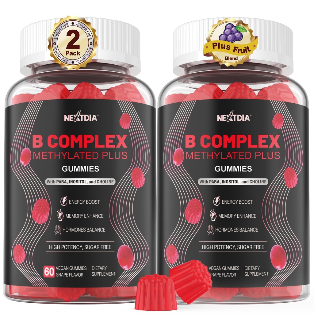 Gumičky na podporu mozgu a nálady, komplex Super vitamín B pre mužov a ženy, všetky B vitamín B1 B2 B3 B5 B6 B7 Folátové methyB12 s PABA, Inozitol, Cholín, podporuje MTHFR Gene & Energy, Vegan, 120Ct