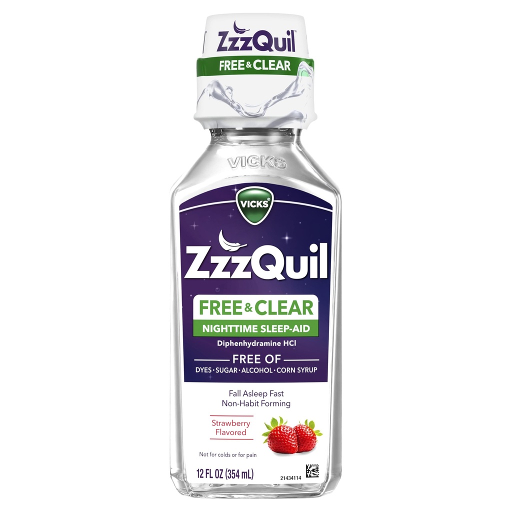 ZzzQuil, Nighttime Sleep Aid Liquid, ZADARMO alkoholu a umelých farbív, 50 mg difenhydramín HCl, č.1 Sleep Aid Brand, Fall Asleep Fast, Non-Habit Forming, Upokojujúce Berry Flavor, 12 FL OZ