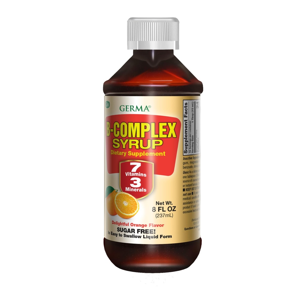 Germa B-Complex Sirup. Zdravie kostí, rast a rozvojová pomoc. Bez cukru. Oranžová chuť. 8 oz