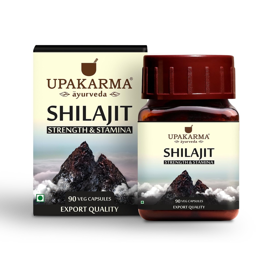 Upakarma Ayurveda 100% Pure Shilajit 90 Kapsule od Sila,Stamina,Immune Support,Natural source of Fulvic Acid & Trace Minerals-1000 MG od 2 Kapsule (Denná dávka), 45 Days of Supply - Pack of 1